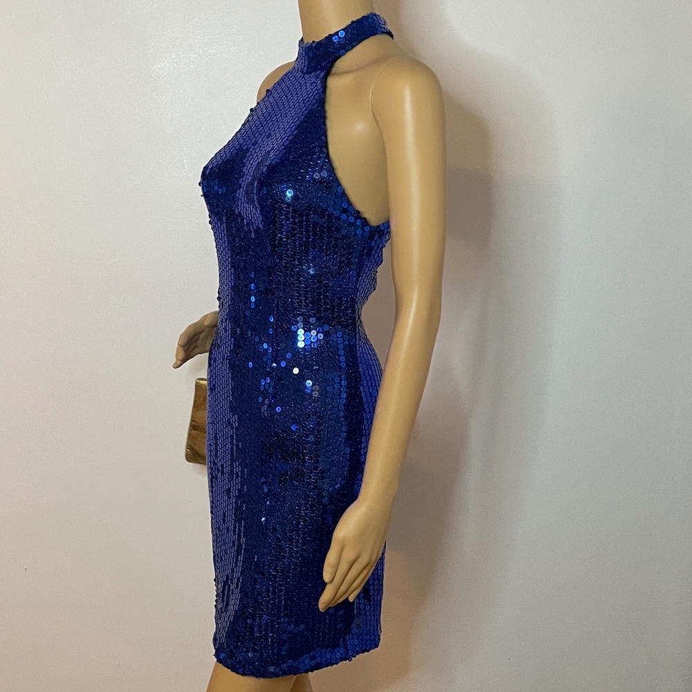 💕Host Pick!!! Vintage blue sequin mock neck back sheath dress! - Picture 9 of 11
